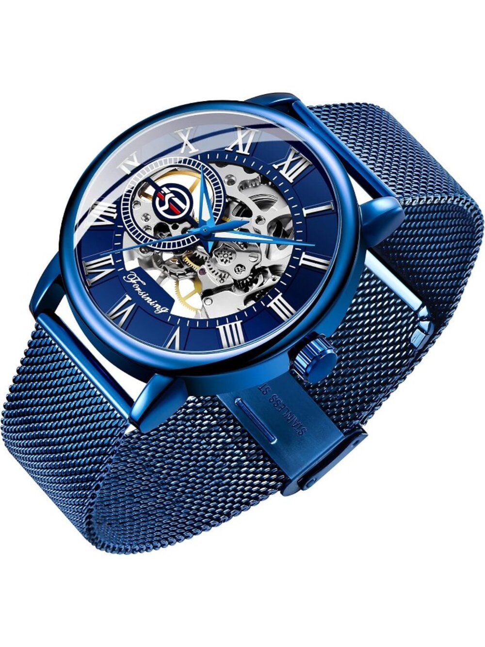 Men's Blue Hand-Wind Classic Roman Numeral Steampunk Mechanical Wrist Watch